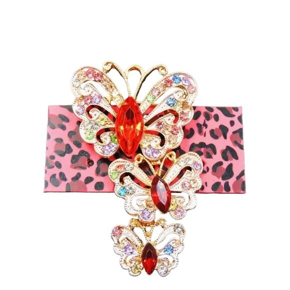 Betsey Johnson Triple Butterfly Brooch With Colorful Rhinestones - Picture 1 of 2